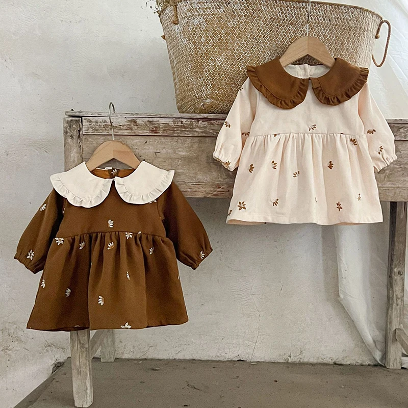 2024 New Autumn 0-4Yrs Baby Girl Party Dress Kids Princess Dresses Long Sleeved Corduroy Embroidery Dress Children Clothes