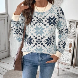 women's winter sweaters Christmas Snowflake Knitted Long Sleeve O-neck Women  Elegant Lazy Casual Printed Knitted Sweater Hoodie