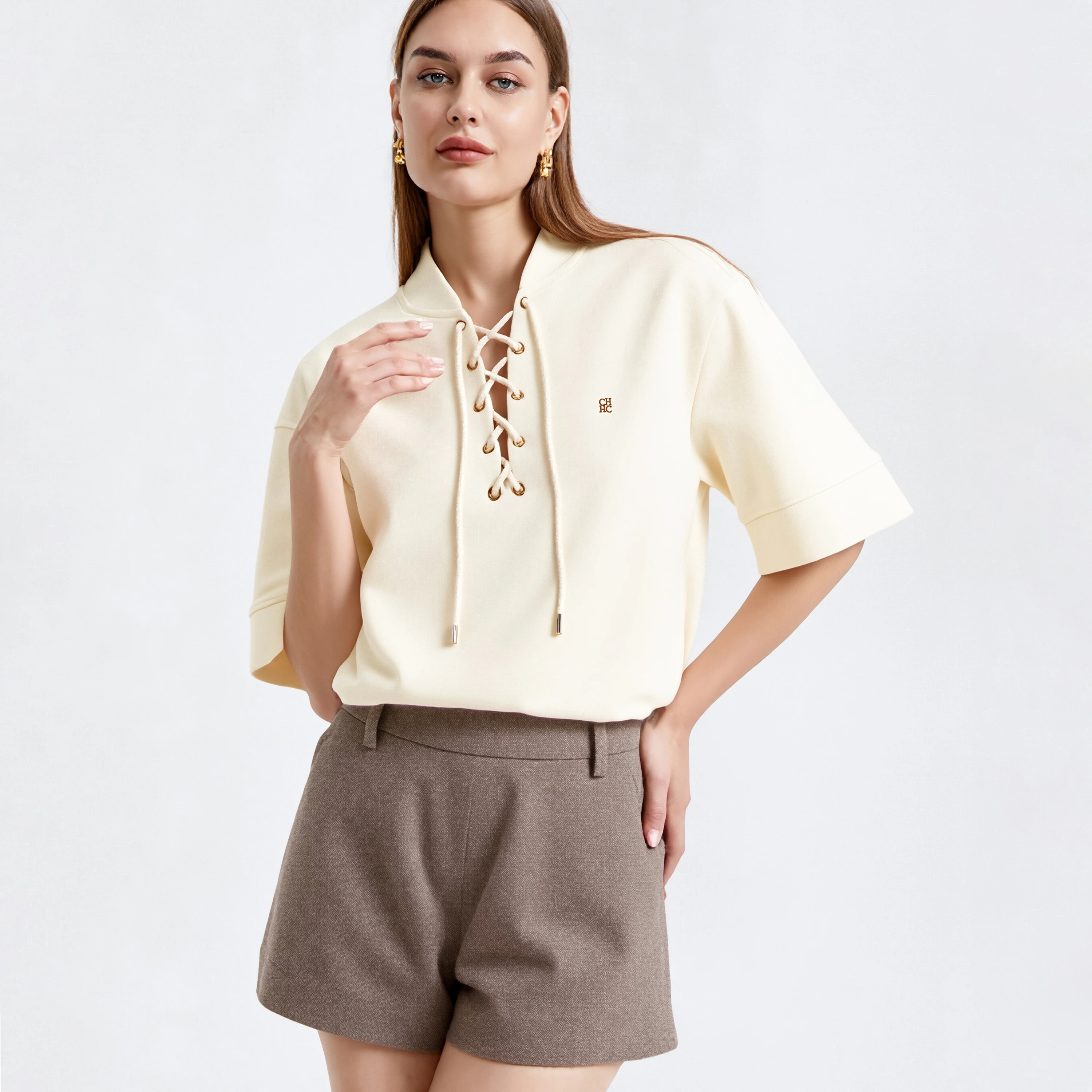 Women's T-shirt new beige minimalist V-neck top