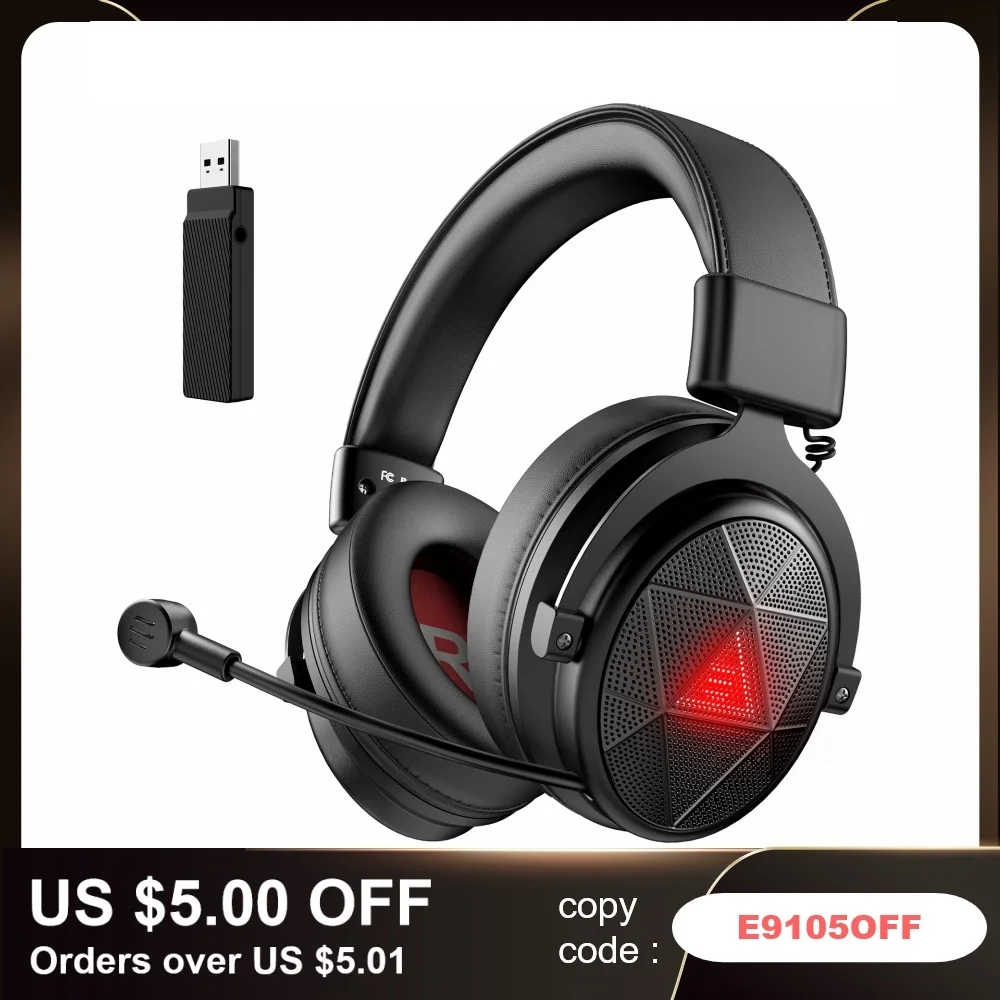 To 5.8GHz Wireless Headphones E910 Gaming Headset with Microphone/ENC/7.1 Surround/Low Latency Headset Gamer for PS4/PS5/PC/TV