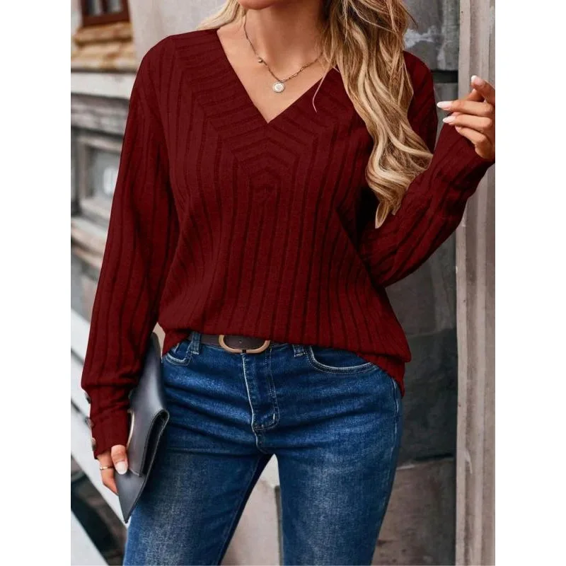 Plus Size Women's V Neck Long Sleeve Striped Loose T-shirt Tops Summer Female Pullover Blouse