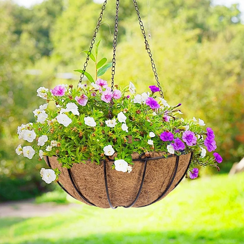 Metal Hanging Planters Basket With Coir Liner Round Wire Plant Hanging Basket With Chain, Porch Decor Flower Pots