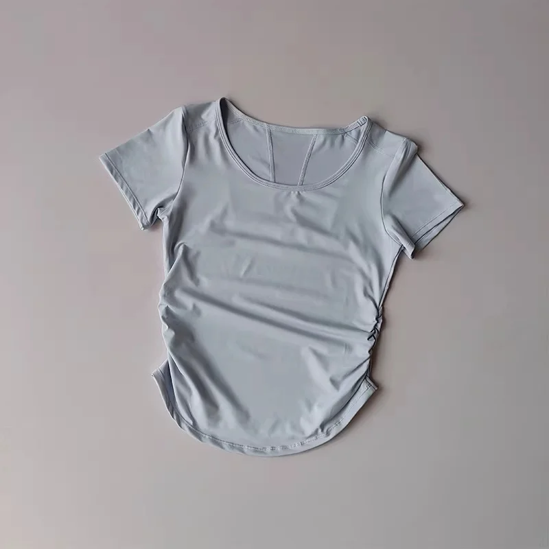 Damen Yoga-Shirt mit kurzen Ärmeln aus Mesh, schnelltrocknend, atmungsaktiv, mit seitlich geraffter Taille, figurbetont, sportliches T-Shirt, Sommer-Gym-Activewear – Detail 10