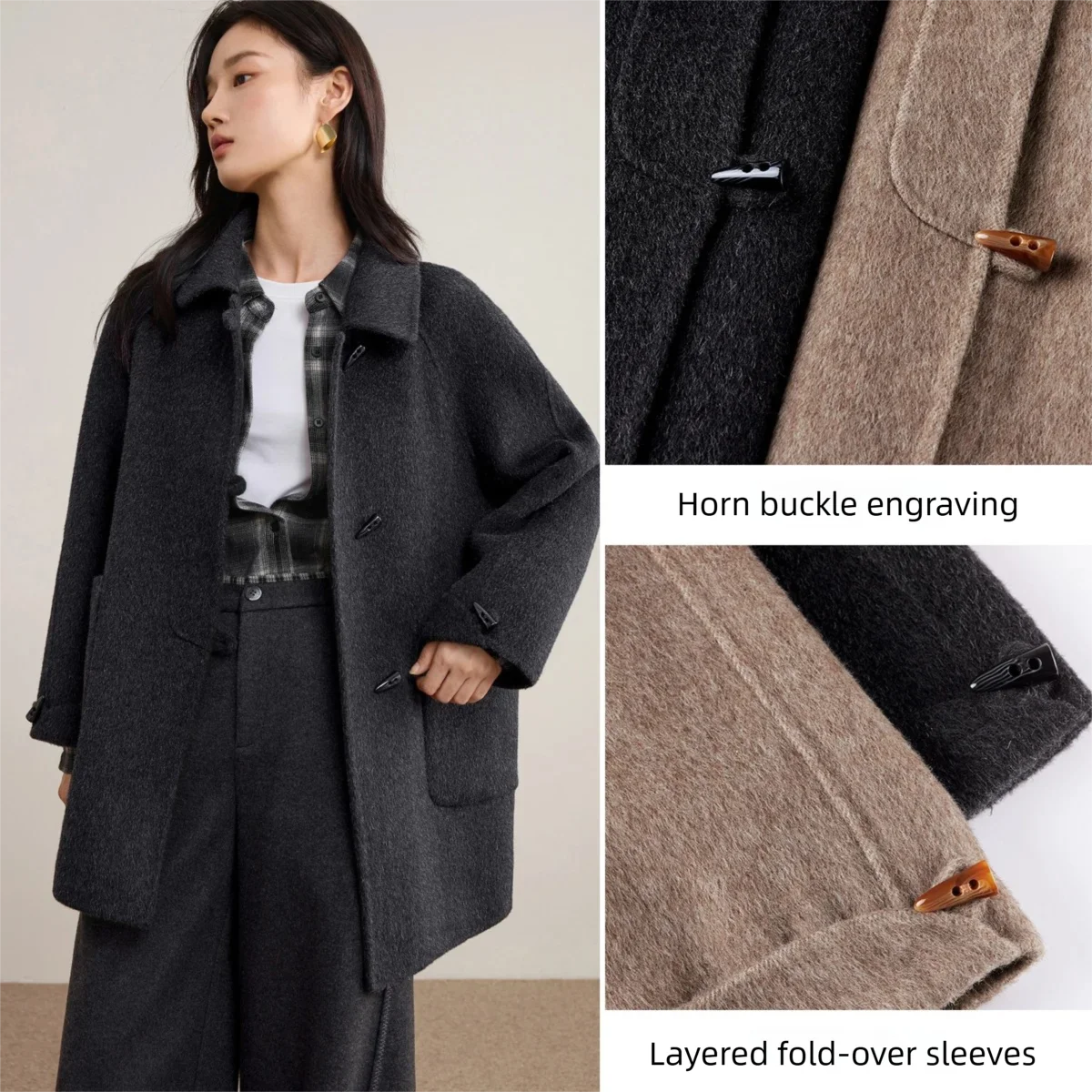 SENTUBILA 100% Wool Women's Lapel Coat with Horn Buttons Loose Fit Overcoat 2025 Winter Warm Elegant Long Sleeve Coat W54OC8770