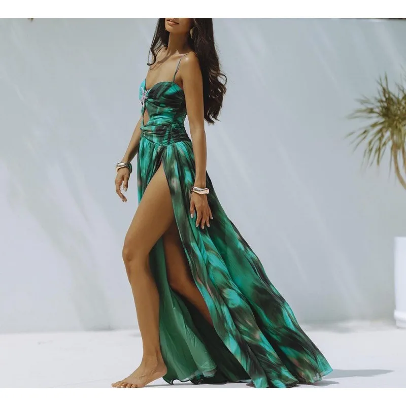 2025 nuevo traje de baño con estampado de lavado de tinta verde, traje de baño de una pieza calado y falda de paraguas dividida, conjunto de estación para mujer, ropa de playa