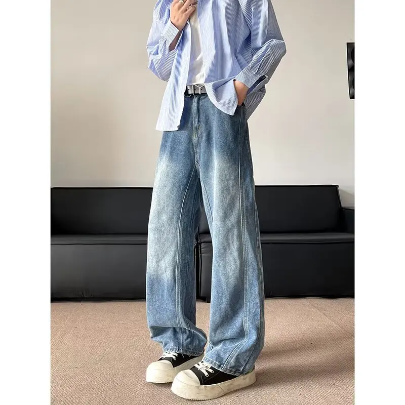 الرجال الربيع النمط الأمريكي خمر فضفاض عادية تنوعا تقسم الدينيم بنطال ذو قصة أرجل واسعة 2025 جديد غسلها أسود مستقيم الساق الجينز #2