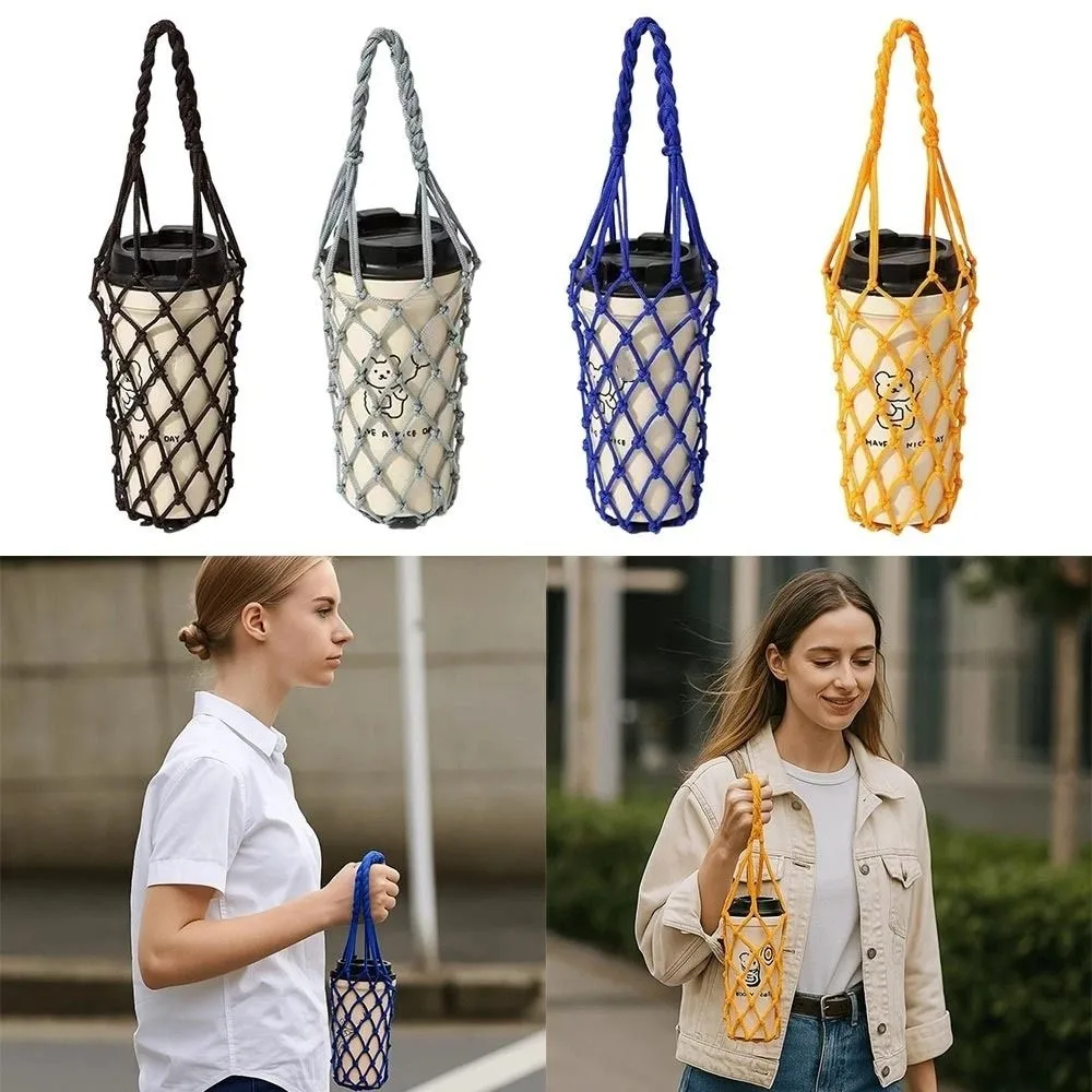 Portable Hand Woven Mesh Bag Reusable Handheld Coffee Bag Hollow Out Beverage Bag