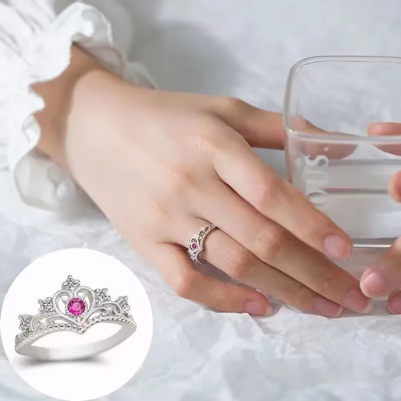 

New MINISO Barbie Crown 925 Silver Full Diamond Ring Anime Ring Light Luxury Girlfriend Gift Index Finger Ring Versatile