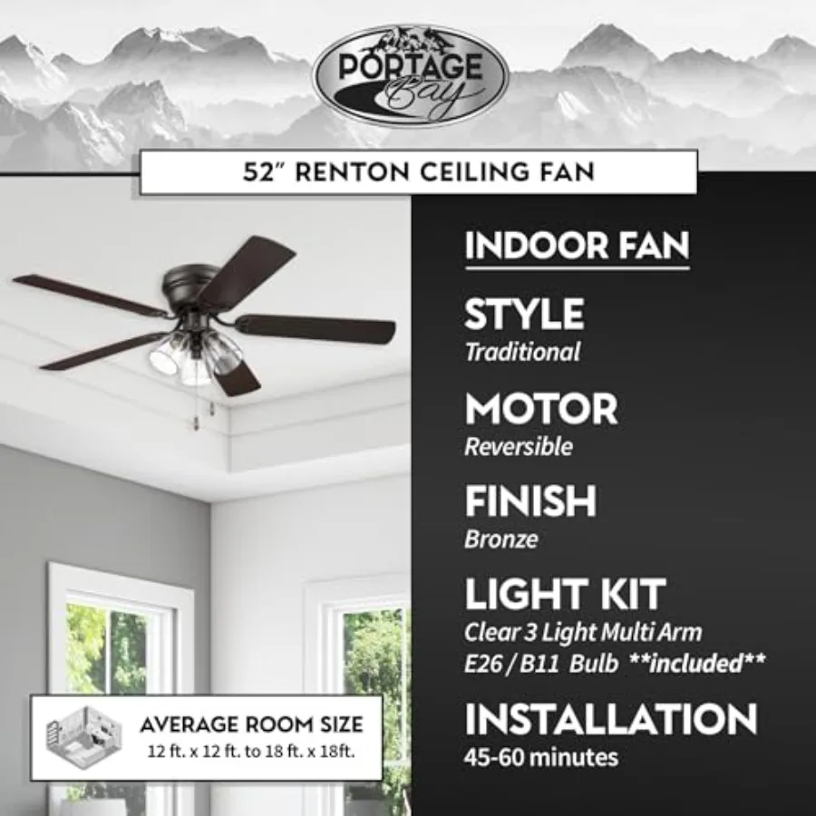 52-Inch Indoor Ceiling Fan in Renton Bronze Finish with Clear 3-Light LED Multi-Arm Lighting E26/B11 Bulb Compatibility and Pul