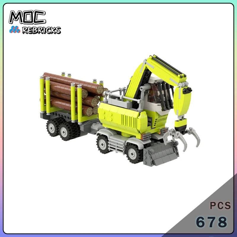 MOC Heavy Log Handler Truck and Trailer Building Blocks Set Forestry Timber Crane Grab Transport Vehicle Model Adult Gift