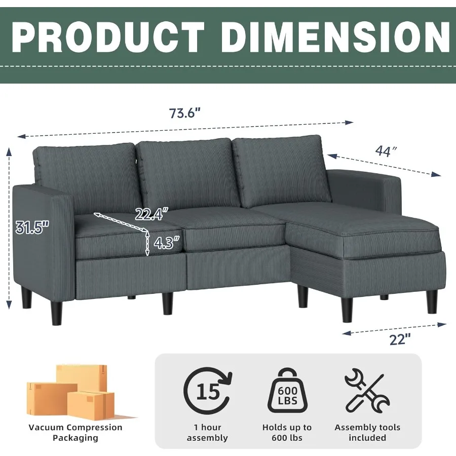 L-Shaped Sectional Couch, Modern Grey Reversible Sectional Sofa with Reversible Ottoman, 3-Seat Sectional Couches for Living Ro