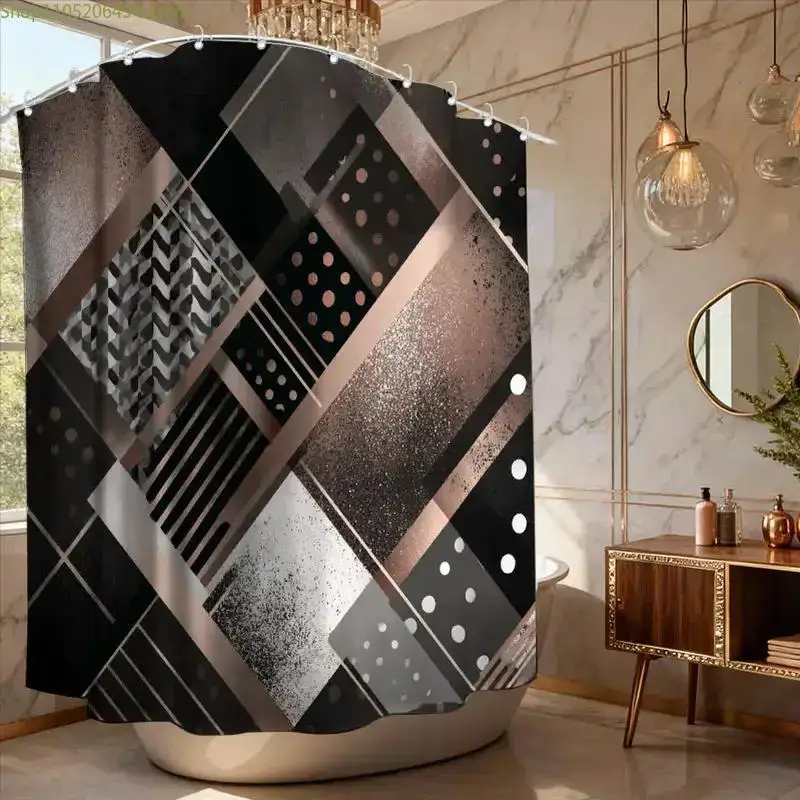 Modern Geometric Abstract Shower Curtain, Black and Gray Pattern Design, Waterproof Bath Liner for Home Decor Cozy Bathroom Idea