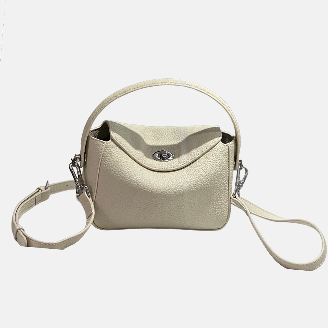 Mendy Genuine Leather Flap Bag Women Litchi Grain Rotating Lock Top Handle Detachable Strap Minimalist Daily Commute Original