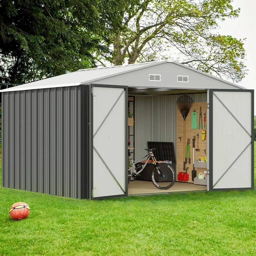 

Gray 10ft x 8ft Metal Outdoor Storage Shed with Lockable Door for Garden, Patio, and Lawn Tools