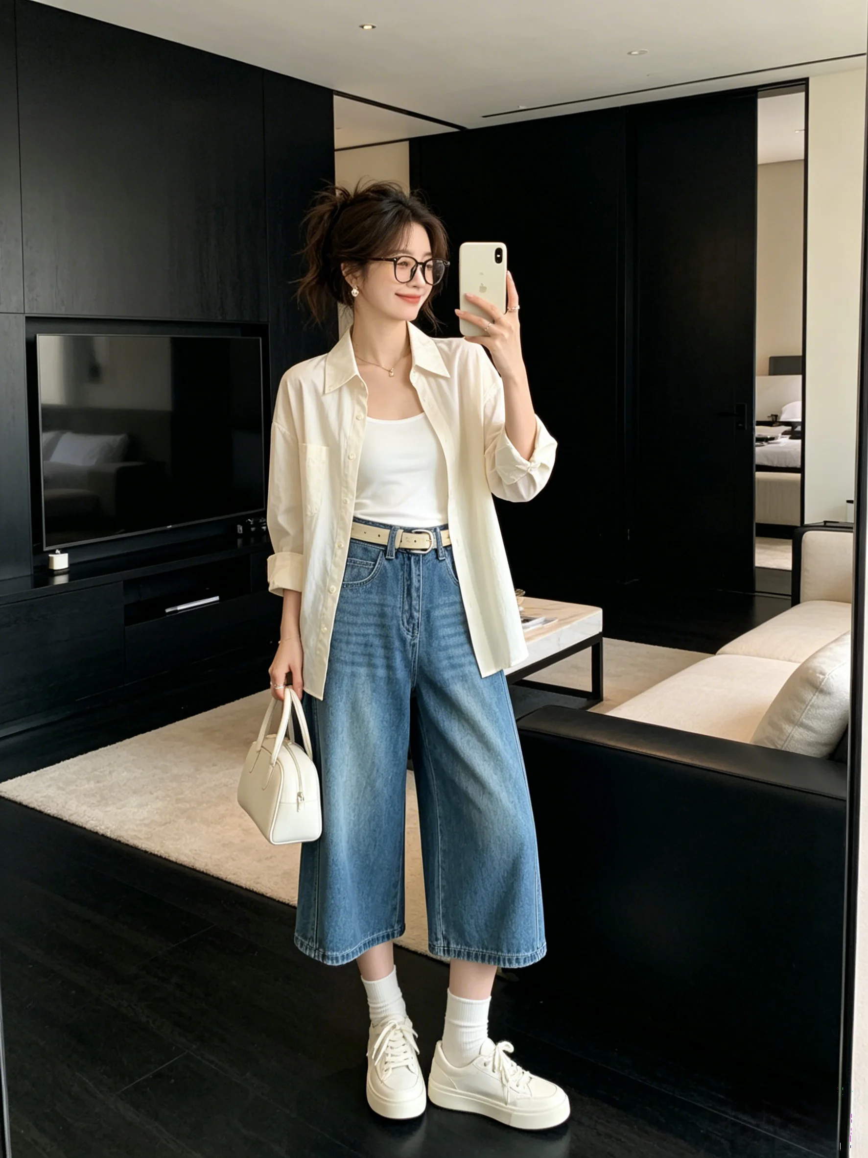 

Low Waist Wide Leg Pants Korean Style Spring Summer Women's Jeans Deep Blue Draped Loose Fit Seven Tenths Casual Trousers
