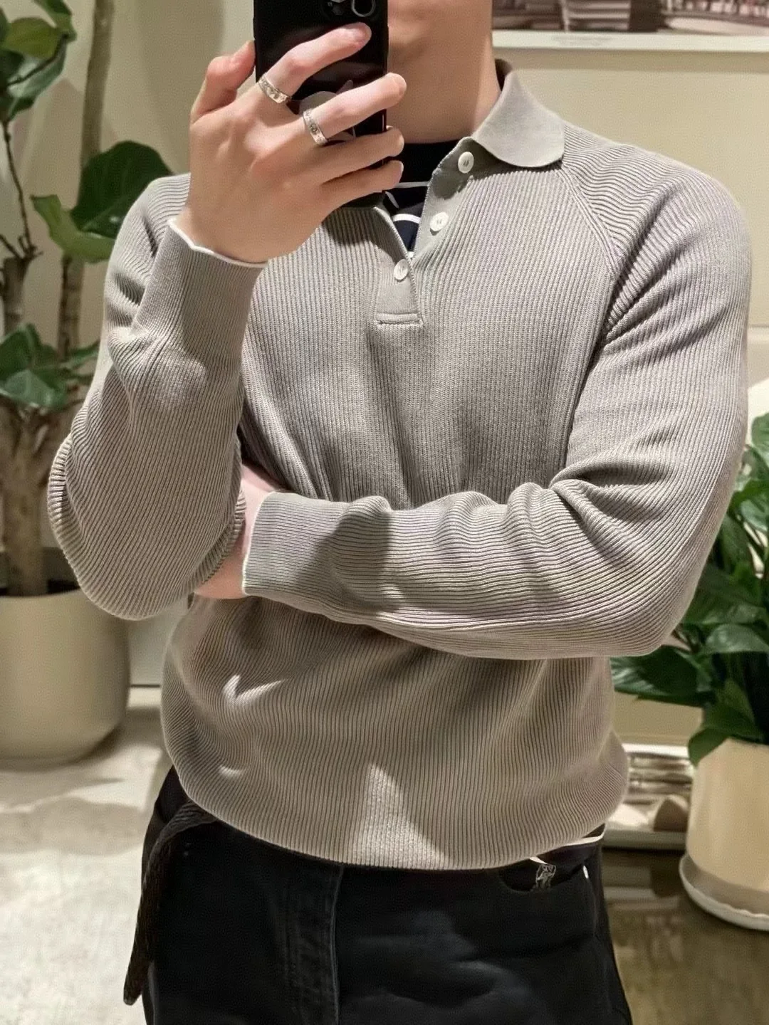 

Autumn Winter Men's Knitted irt Long Sve Casual Flip Collar Pure Color Warm Breathable Faionable Men's Sweater