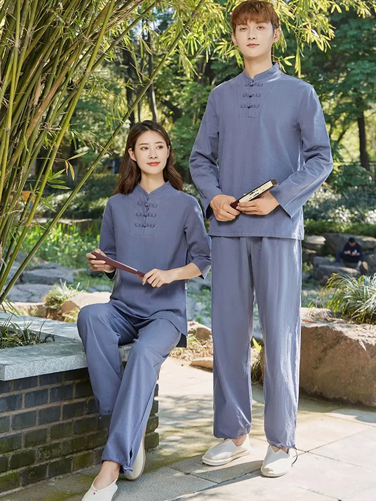 Mens Cotton Linen Martial Arts Sets Long Sleeve Stand Collar Vintage Wing Chun Kung Fu Sports Suit Meditation Tai Chi Tracksuit