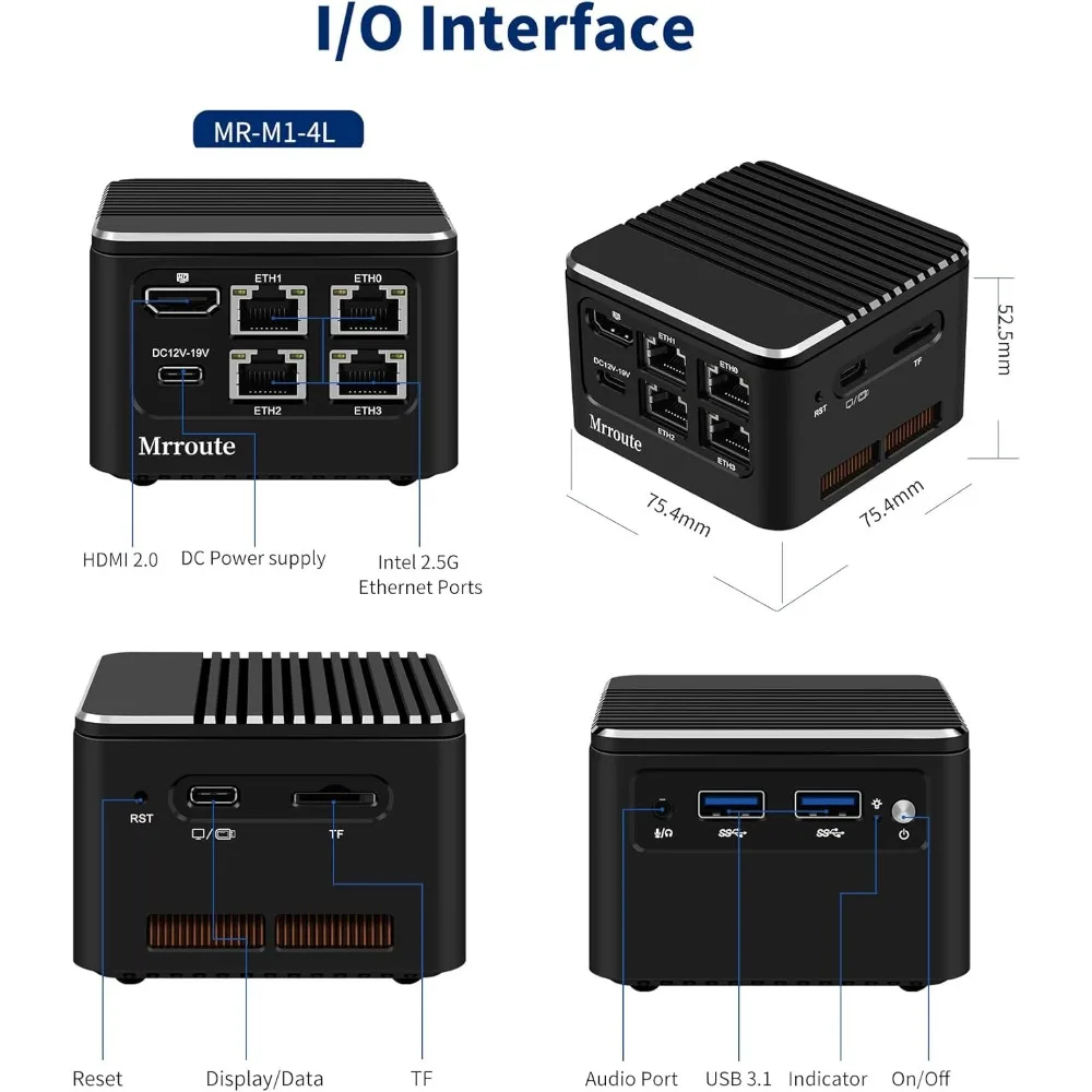 Mini router MR-M1 Plus Alder Lake i3-N305, 8C/8T, fino a 3,8 GHz, 16G RAM SENZA SSD, display Type-C/4K, 4X LAN i226-V 2,5GbE