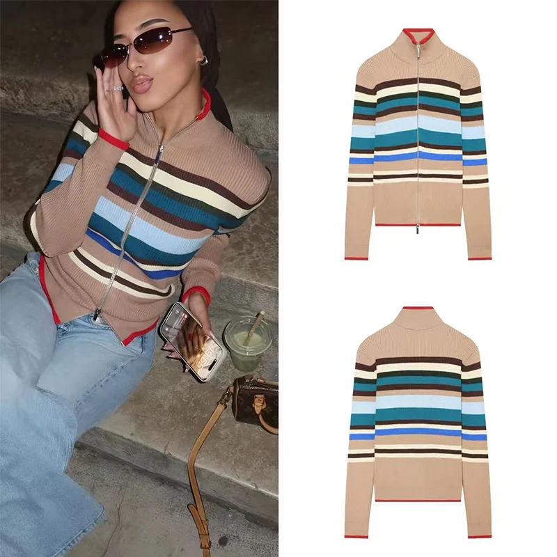 Guobioziy Women Y2K American Retro Zip Up Cardigan Colorblock Stripe Ribbed Knit Jacket High Neck Streetwear Casual Chic Top