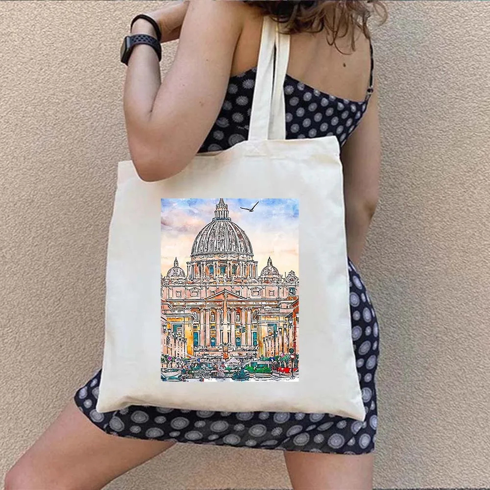 The Colosseum Duomo Rome Italy Burano Milan Cinque Terre Watercolor Painting Shopper Shoulder Canvas Tote Bag Shopping Handbags