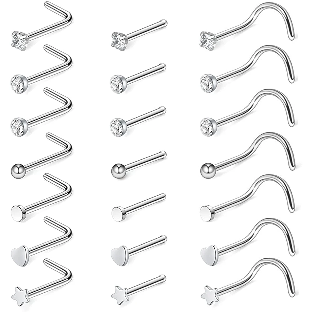 21pcs/lot 20G Stainless Steel Nose Ring  Stud Set  Heart Crystal Nose Piercing Screw L Shape Nostril Hoop Nose Body Jewelry