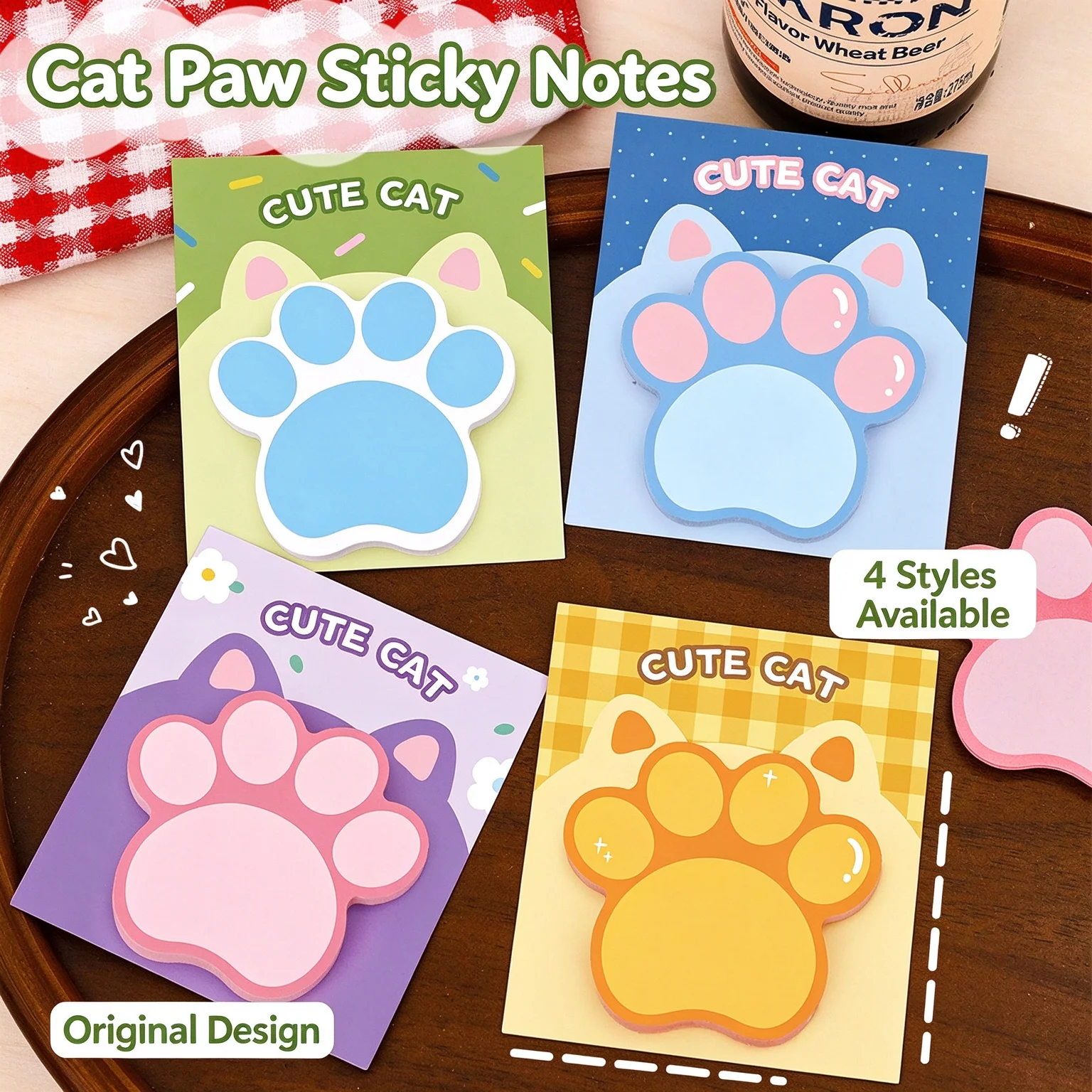 Cute Cat Paw Shaped Sticky Notes 2 Pack Random Style Kawaii Self Adhesive Memo Pad for Notebook Journal School Office Stationery