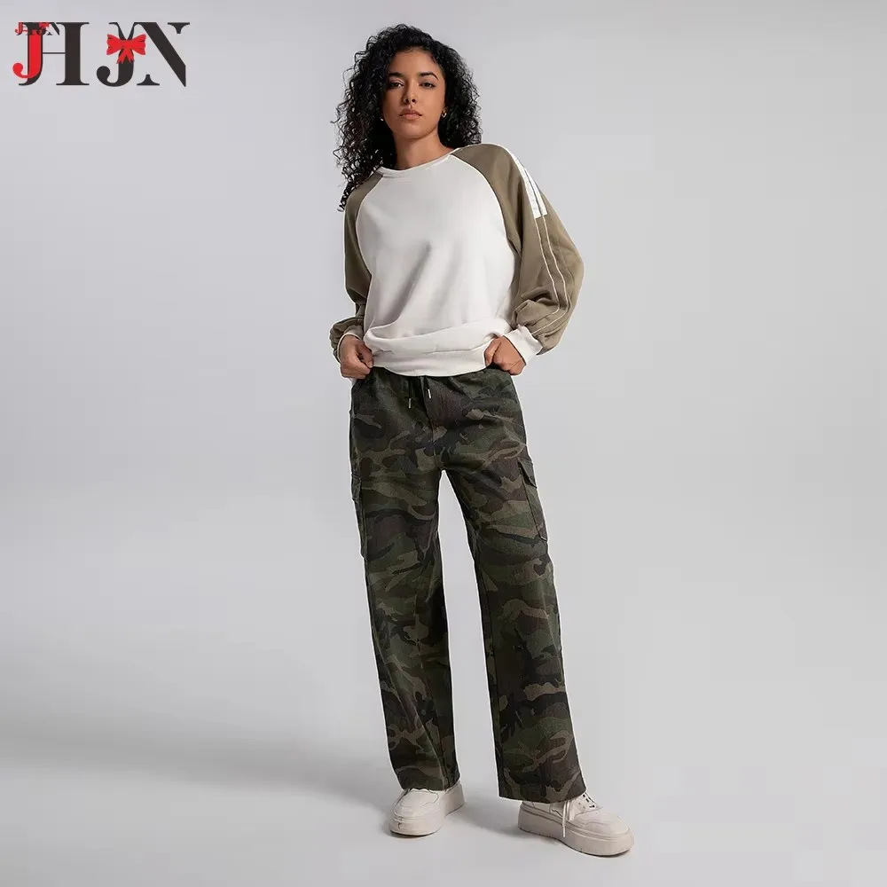 JHJN pantalones casuales holgados con bolsillos grandes para hombres y mujeres estilo americano Vintage Hip Hop camuflaje pantalones Cargo de pierna ancha