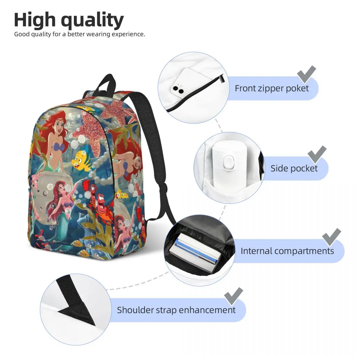 Custom Princess Ariel Travel Canvas Backpack Women Men School Computer Bookbag The Little Mermaid College Student Daypack Bags