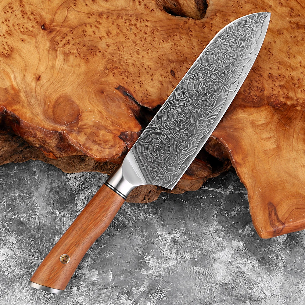 

7-дюймовый дамасский нож Santoku, японский профессиональный кухонный нож VG-10 для мяса и овощей с эргономичной ручкой из палисандра