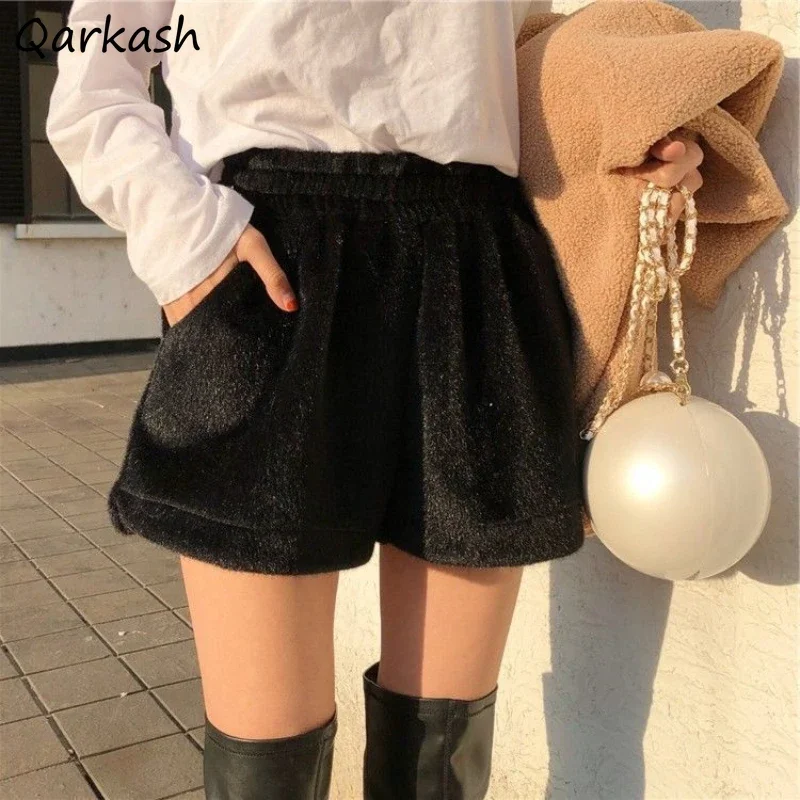 Solid Shorts Women Autumn Winter Soft All-match Side Slit Thicker Elastic Pocket High Waist Plush Warm Simple Office Lady