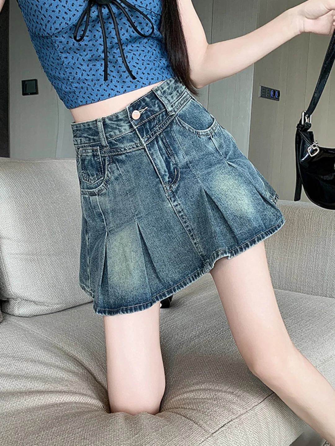American Style Pleated Denim  Skirt Women's plus Size High Waist Anti-Light A-Line Half Body Skirt Commute Korean Style