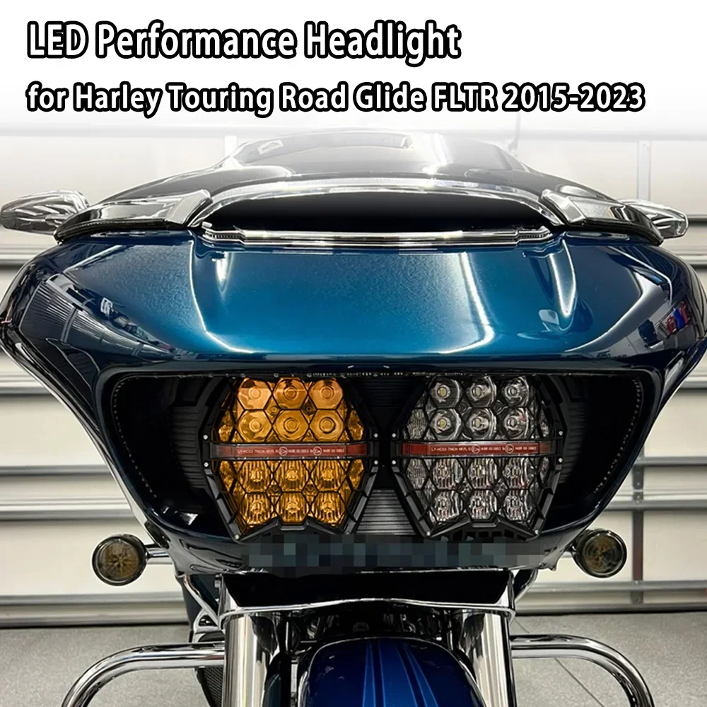 Motorcycle Yellow-Clear LED Performance Headlight High Low Beam Amber DRL for Harley Touring Road Glide FLTR 2015-2023