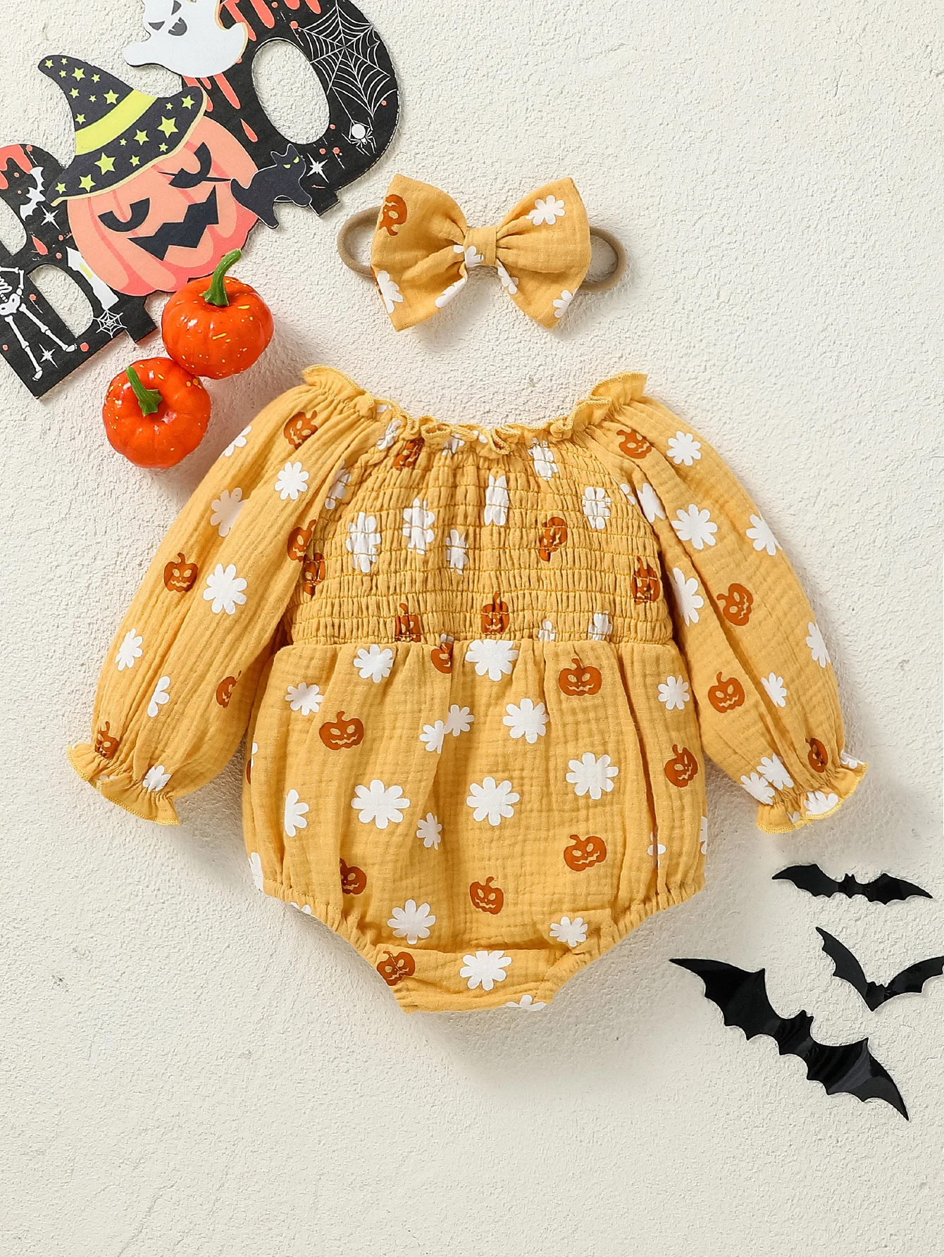 2024 New Style Long Sleeve Cotton Soft Pumpkin For Halloween Day Jumpsuit Newborn-12M