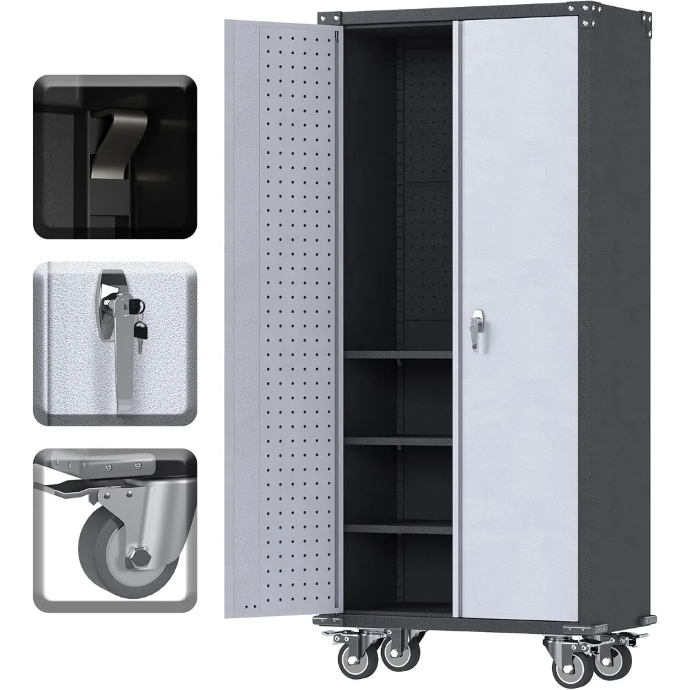 Metal locker with wheels and pegboard, 71inch high garage locker with shelves and door locks, rolling kit, assembly required