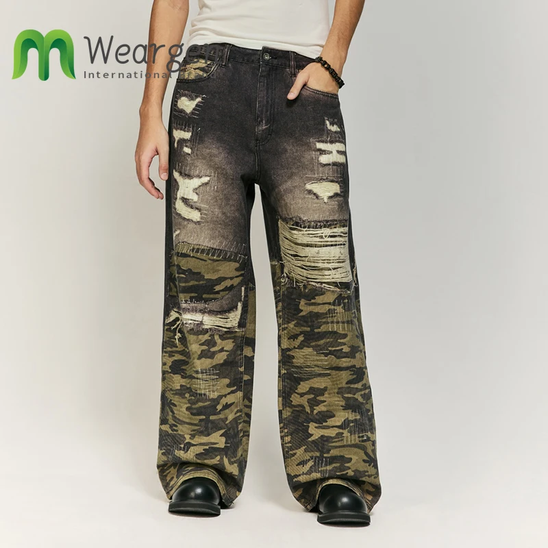 Mens Whiskers Stitched Digitally Printed Jeans Autumn Winter New Street Loose Straight Denim Trousers 13444W24