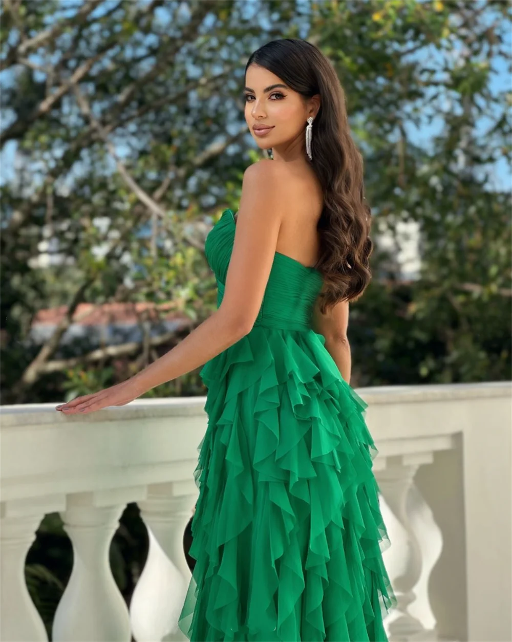 Annie-vestido de fiesta verde sin tirantes, traje Sexy de gasa con volantes, para noche, en forma de A, para boda, ocasiones formales, elegante