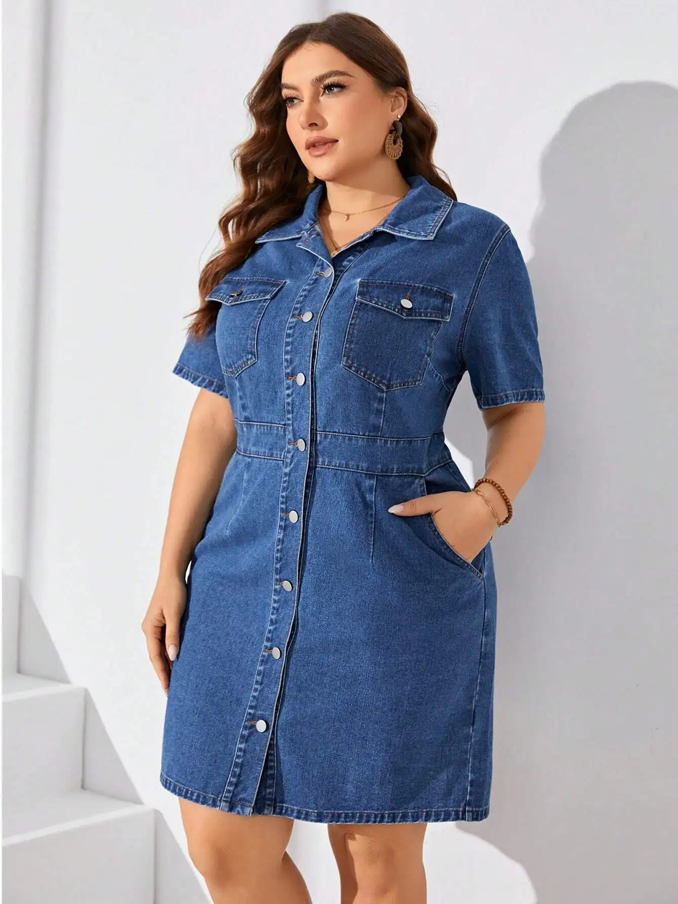 

Plus Size Denim Shirt Dress with Front Buttons and Pockets