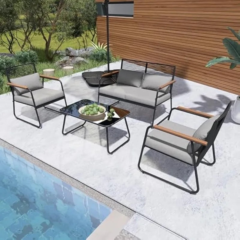 

4-Piece Patio Furniture Set,Outdoor Conversation Sets,Removable&Washable Soft Cushion,Wooden Armrest,Glass Table,Loveseat Chairs