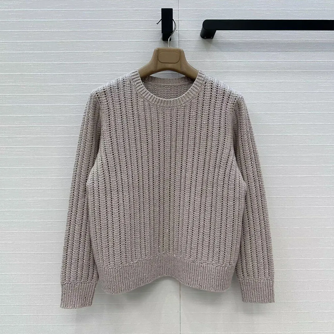 

Women's old money style hollow round neck long sleeve solid color casual sweater high quality cashmere pullover knit top