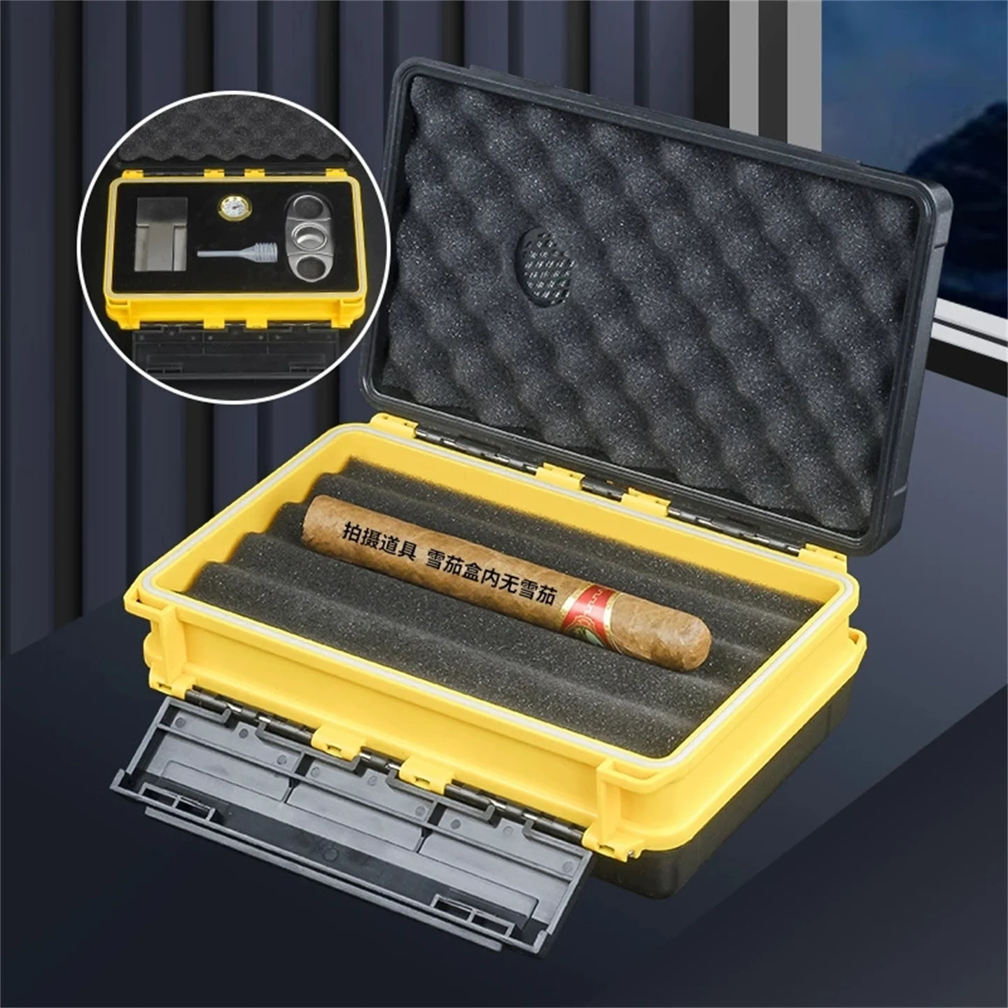 

5 Unit Portable ABS Plastic Cigar Humidor Box Travel Set Double-Opening Waterproof Cigar Box Gift Rack / Cutter / Hygrometer