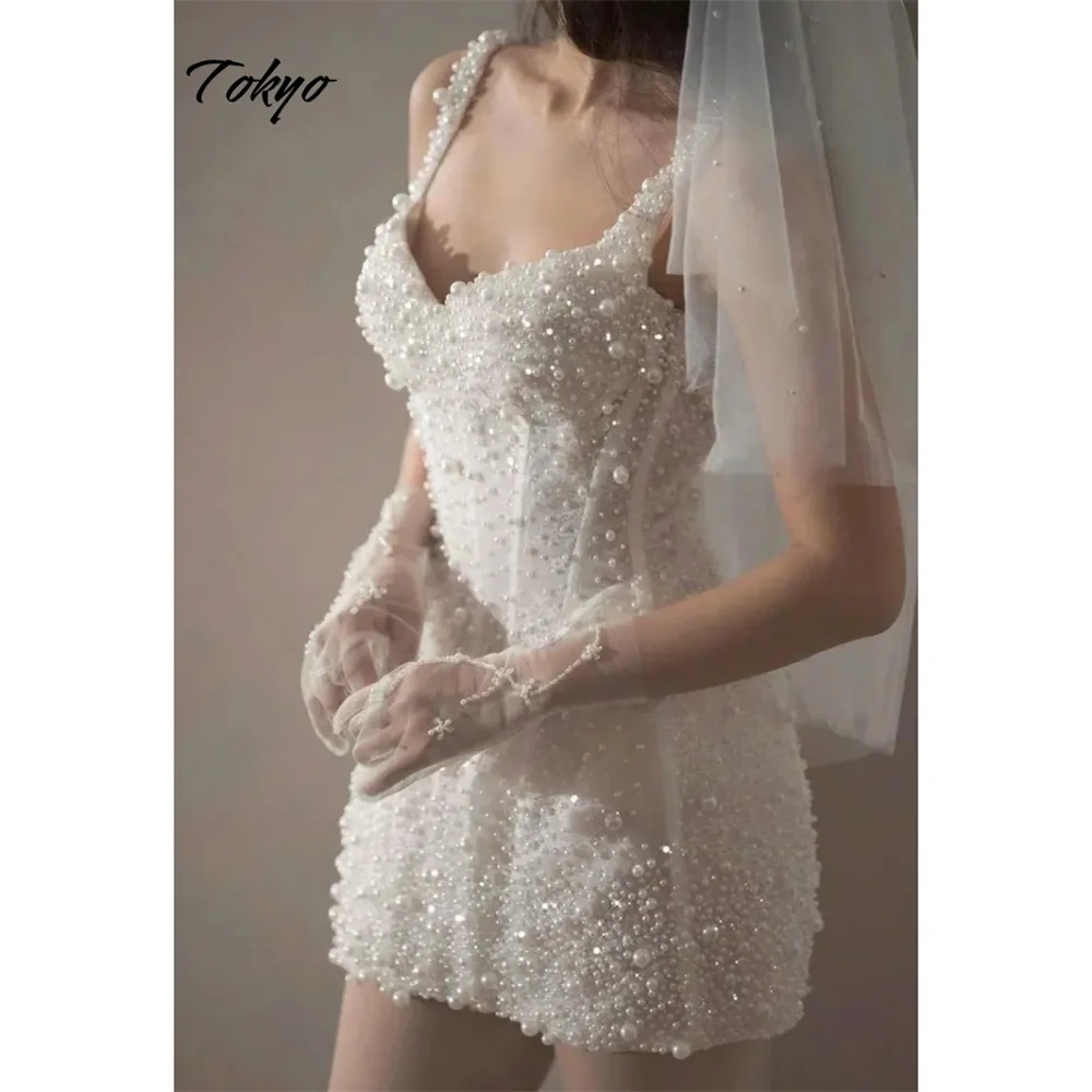Tokyo Customized White Spaghetti Strap Wedding Dresses Sleeveless Lace-Up Elegant Bridal Gowns 2025 Beaded Mini Wedding Gowns