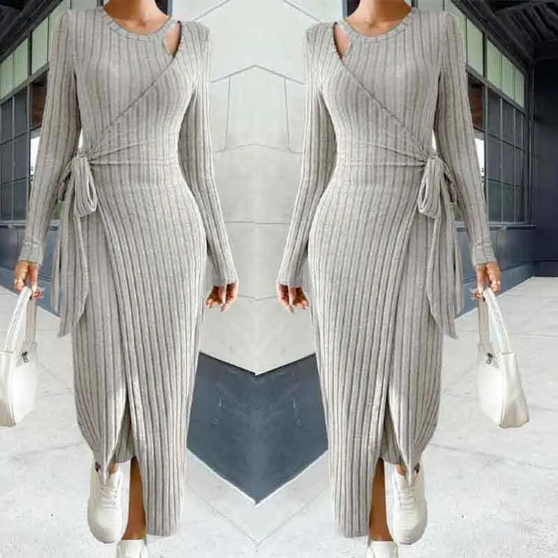 Elegant Women\'s Solid Color Knitted Sweater Dress Round Neck Long Sleeve Lace Knitted Slimming Split Dress Autumn 2024 New Item