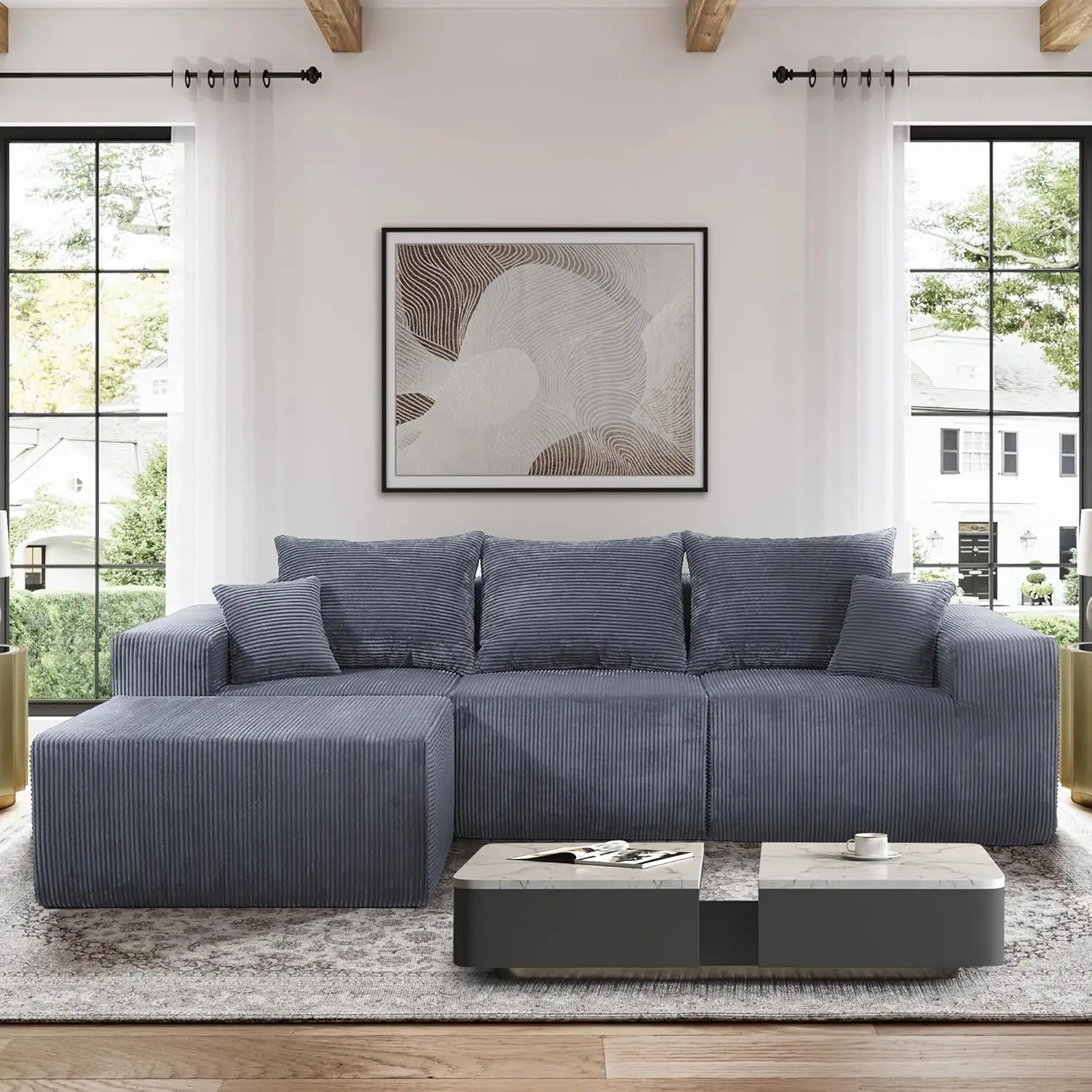 

Модульный секционный диван-облако с подвижным оттоманским шезлонгом, угловой, с глубоким сиденьем из пены с эффектом памяти, вельветовый, для гостиной, 101 дюйм, на заказ