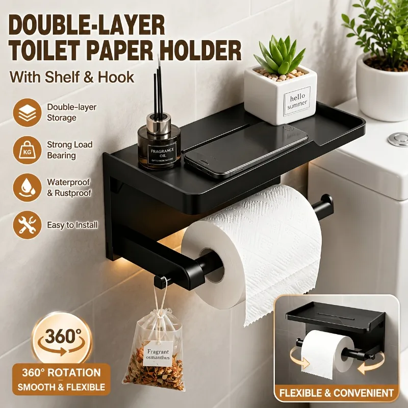 1 PCS Hook Free Non Drilling Toilet Paper Holder, Self-Adhesive Wall Mounted Tissue Roll Holder Bathroom  Anti Rust Storage Rack