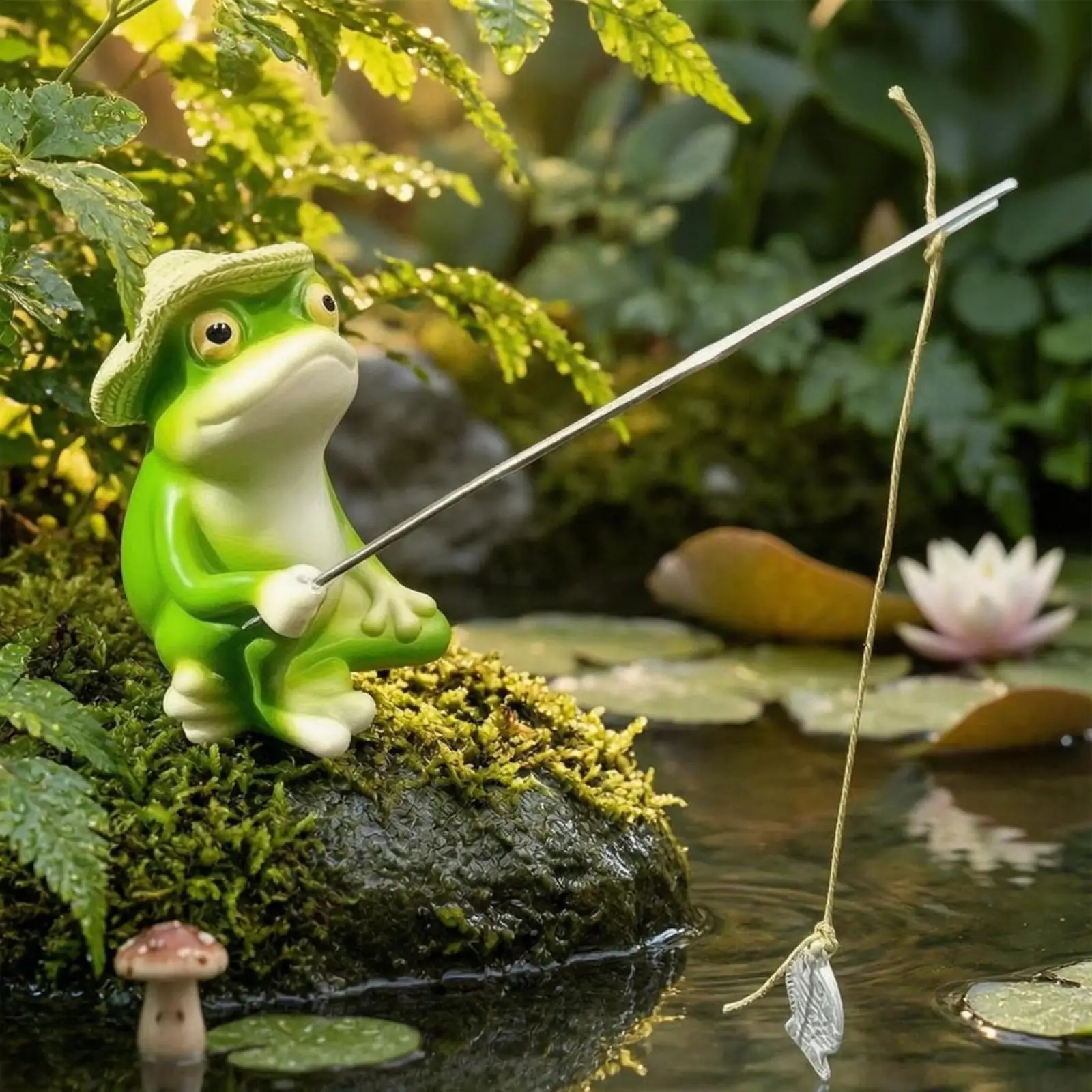Frog Decoration Resin Outdoor Figurine Seated Whimsical Garden Frog Statue with Hat and Rod for Pond Area