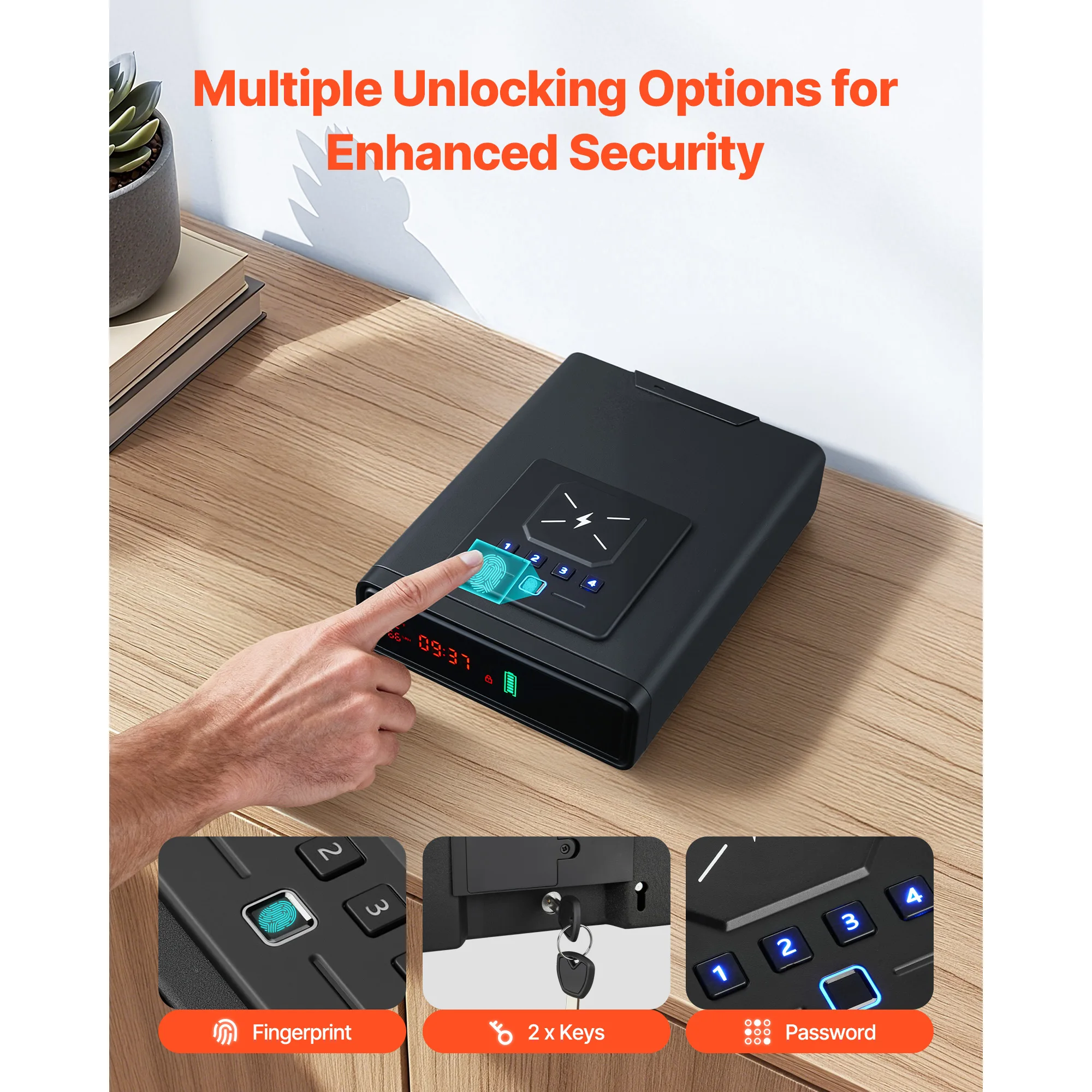 Gun Safe, 3-Way Quick Access Firearm Case Drawer with Screen for 2 Pistols & Magazines, Pistol Handgun Drawer Safe with Fingerprint/Password/Key, Wireless Charging