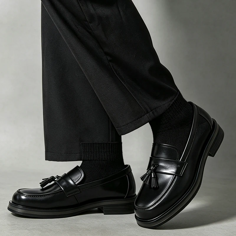 Men Italian Gentleman Tassel Penny Loafers Square Toe Slip On Leather Shoes Non Slip Prom Campus Office All Match Formal Casual