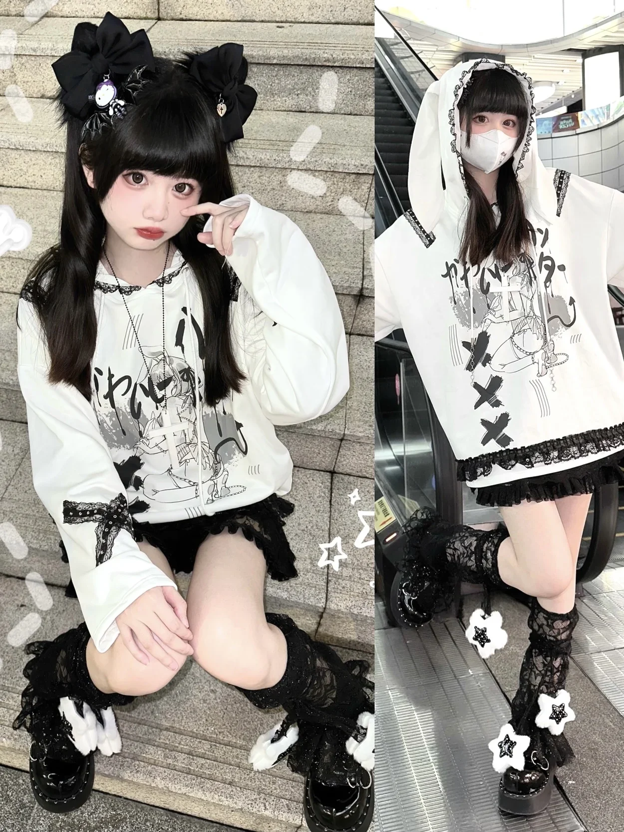 Original Sub-Culture Cartoon Printed Sweet Cool Black and White Rabbit Ear Hooded Sweatshirt Girls Y2K Pullover Hoodie Tops