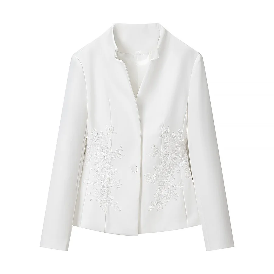 Dave&Di European And American Women's New Style Stand Up Collar Lace Embroidery Temperament Commuting Suit Jacket