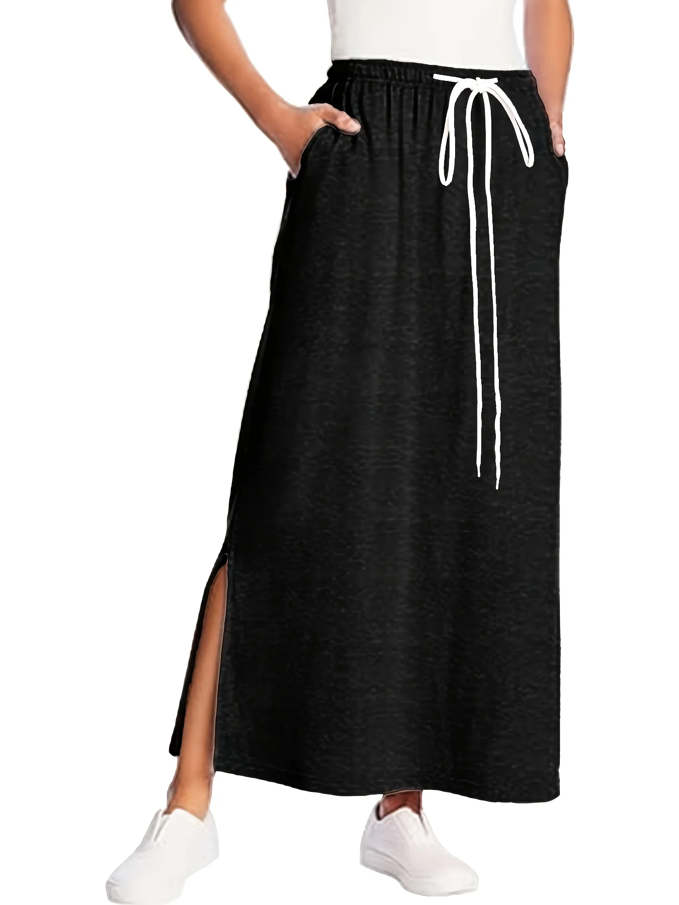 

Черное платье макси больших размеров, длинное платье с высоким разрезом и эластичной резинкой на талии для пляжного офиса, повседневная одежда 1-5XL